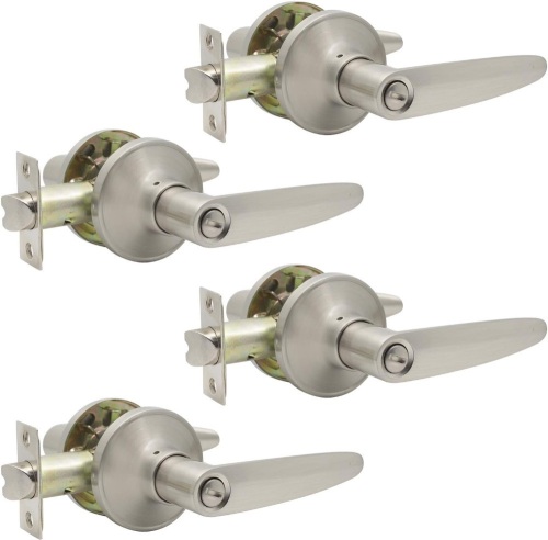 Knobonly Door Lever Privacy Set, Satin Nickel, Bedroom Bathroom Keyless Lockset Set Interior Doors, Modern Round Lever Style, Contractor Pack (4 Pack) - Lot 73
