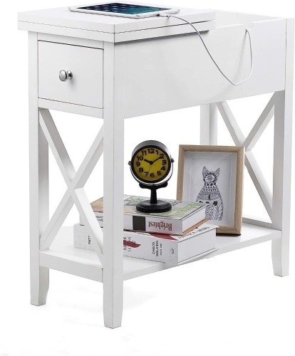 ChooChoo End Table, MDF Material Flip Top Narrow End Table with Drawer, Accent Small Side Table Nightstand for Living Room, Bedroom, and Small Spaces - White - Lot 183