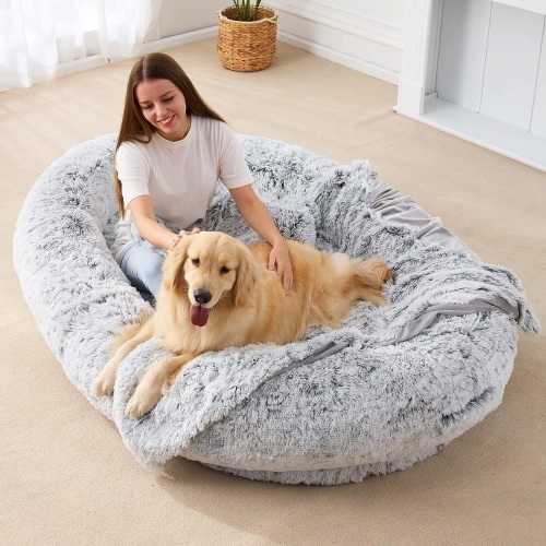 Large Human Dog Bed Bean Bag Bed for Humans Giant Beanbag Dog Bed with Blanket for People, Families, Pets, 75.5"x55"x12" (Grey Plush) - Lot 190