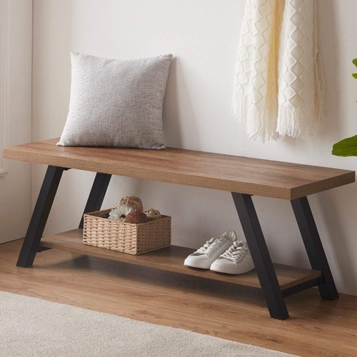 LVB Industrial Entryway Bench, Wood and Metal Storage Bench for Living Dining Room, Farmhouse Indoor Entry Way Shoe Benches Seat, Rustic Oak, 47 Inch Long - Lot 191