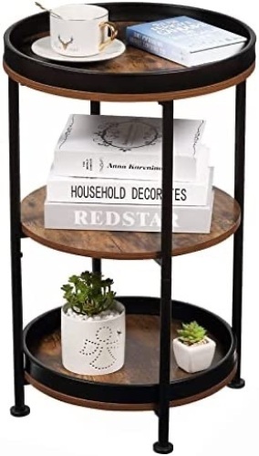 Dulcii Industrial Round End Table, 3 Tiers Round Side Table with Sturdy Metal Frame, Metal Round Sofa Table, Vintage Nightstand for Living Room Bedroom, Easy Assembly, Wood Look Accent Furniture 15"D x 15"W x 24"H - Lot 702