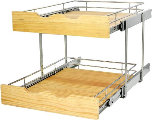 DINDON 2 Tier Pull Out Cabinet Organizer (20" W x 21" D) Slide Out Wood Shelf Double Tier Kitchen Wire Basket with Chrome Finish… - Lot 708
