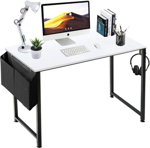 Lufeiya Computer Desk White Writing Table for Small Spaces Home Office 39 Inch Modern Study PC Des,with Storage Bag Hook (White Black) - Lot 192