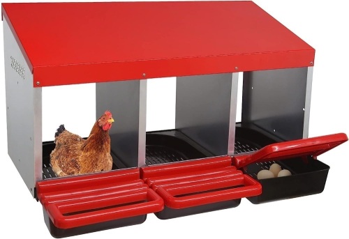 ZenxyHoC Chicken Nesting Boxes, 3 Hole Metal Chicken Egg Laying Box with Swing Perch and Rollout Egg Collection for Chicken Coop 31"L x 20"W x 20"H - Lot 725