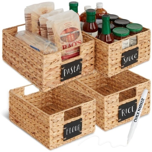 Set of 4 Water Hyacinth Pantry Baskets w/ Chalkboard, Marker - 12in  - Lot 197