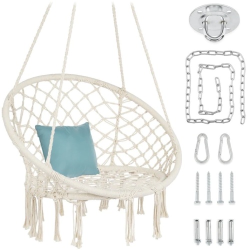 Cotton Macrame Hammock Hanging Chair Swing, Handwoven w/ Backrest 31.5"(L) x 24.5"(W) x 56"(H) - Lot 220