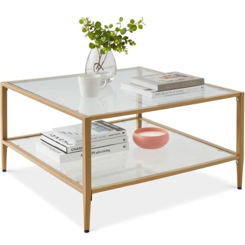 2-Tier Large Square Coffee Table Living Room Accent w/ Glass Top - 32"  - Lot 149