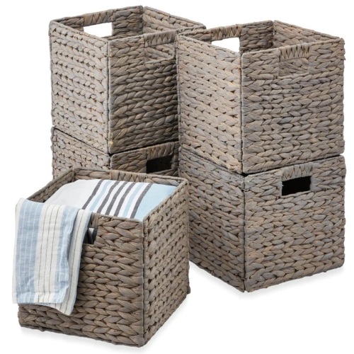 Set of 5 Collapsible Hyacinth Storage Baskets w/ Inserts - 13x13in  - Lot 238