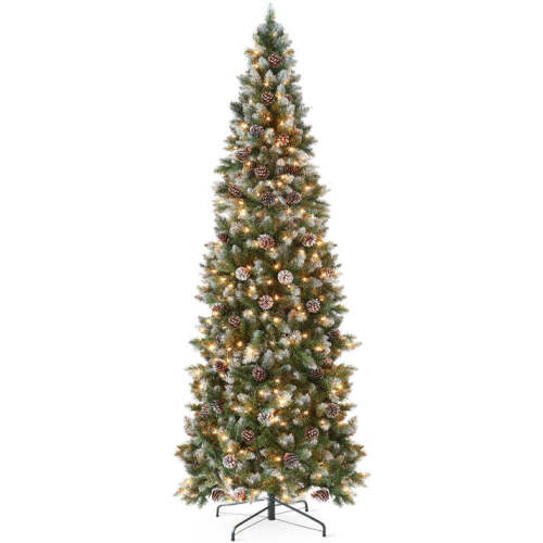 Pre-Lit Partially Flocked Pencil Christmas Tree w/ Pine Cones, Metal Stand - Lot 5355