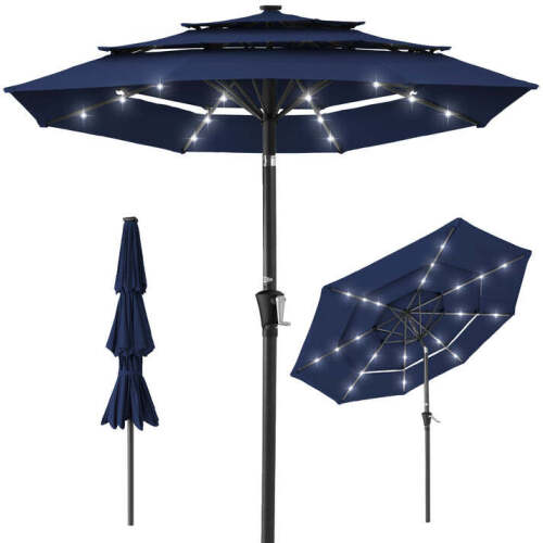 3-Tier Solar Patio Umbrella w/ LED Lights, Tilt Adjustment, Crank - 10ft - Lot 6369
