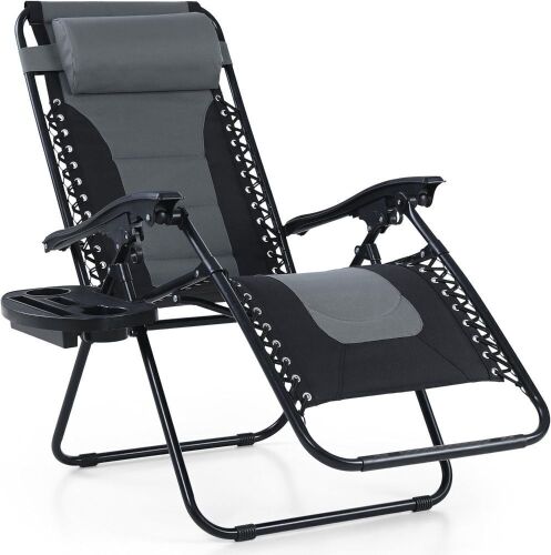 PHI VILLA Padded Zero Gravity Lounge Chair Folding Patio Recliner with Adjustable Headrest & Cup Holder, Support 350 LBS - Lot 642