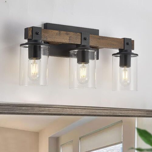 DUJAHMLAND Farmhouse Vanity Light Fixture with Clear Glass Shades, 3-Light, Antique Wood - Lot 656