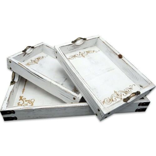 White Rustic Ottoman Wooden Serving Trays with Handles, Set of 3 & Artmeer Folding Bed Tray Table, Set of 2 - Lot 665