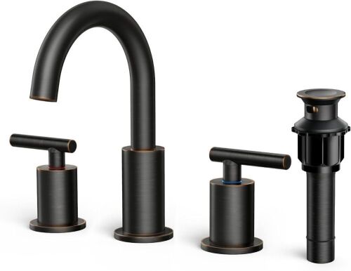 FORIOUS Two Handle Oil Rubbed Bronze Bathroom Faucet 3 Hole, 8 inch Widespread with Metal Drain and Supply Hose, 360 Degree Swivel Spout  - Lot 584