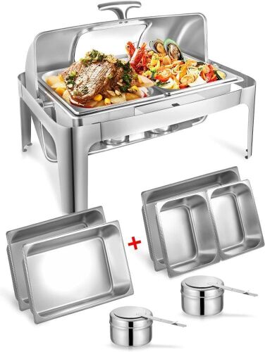 Granvell Rectangular Roll Top Chafing Dish Buffet Set, 1 Full Size & 2 Half-Size, 14QT Water Pan  - Lot 595
