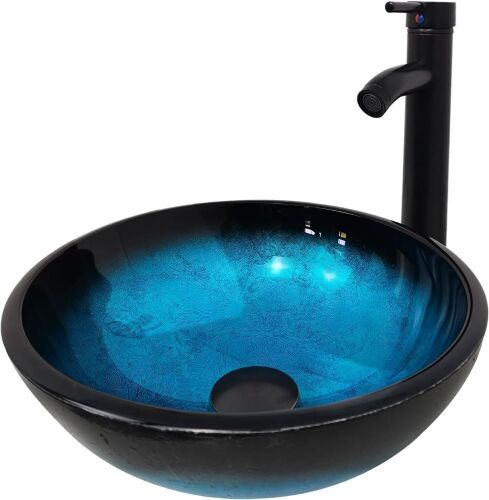 YIMAI Ingenuity Vessel Sink 12" Tempered Glass Basin Round Bowl with Faucet Combo, Blue  - Lot 493