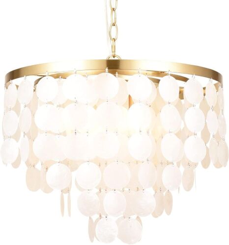 ALICE HOUSE 18.2" White Shell Chandeliers, Brushed Brass Finish, 4 Light Modern Pendant Light  - Lot 452