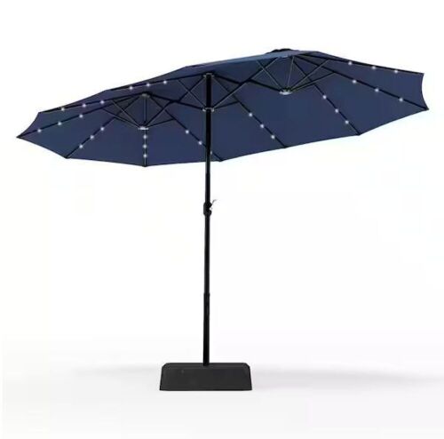 PHI VILLA 15 ft. Market Patio Umbrella With Lights Base and Sandbags in Blue - Lot 76