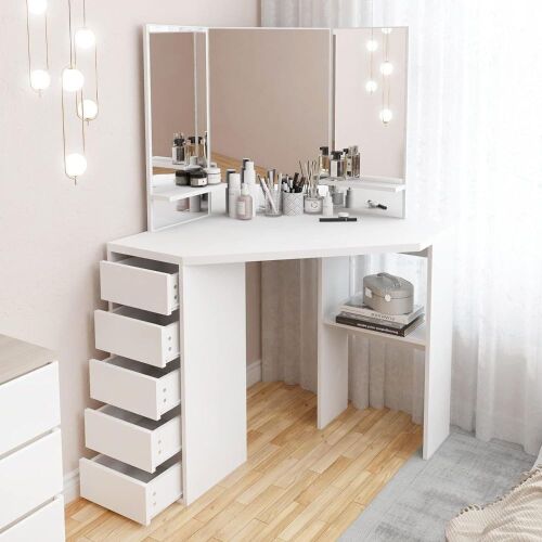 Zoyo Corner Makeup Vanity Desk with Mirror, 5 Sliding Drawers and Storage Shelves - Lot 83