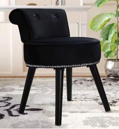 Black Wood Upholstered Vanity Stool Round Velvet 17.3 in. W x 15.7 in. D x 25.1 in. H - Lot 284