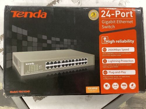 Tenda 24-Port Gigabit Switch, Unmanaged Desktop Network Hub, Fan-less Metal Design, Plug & Play, Traffic Optimization - Lot 100