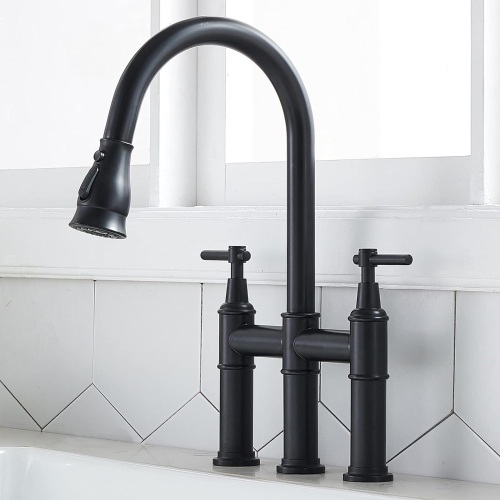SHACO Black Bridge Kitchen Faucet, 3 Hole Farmhouse Kitchen Faucet with Pull Down Sprayer, Two Handle High Arc 360 Swivel Traditional Country Heritage Solid Faucets for Kitchen Sinks - Lot 185