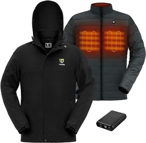 TIDEWE Men’s Heated Jacket 3-in-1 with Hood and Battery Pack, Heated Coat for Hunting, Skiing - Lot 186