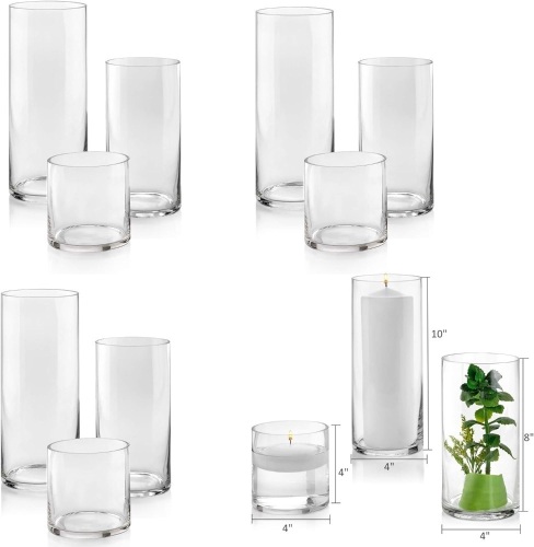 Set of 12 Glass Cylinder Vases 4 from Each Size 4 Inch, 8 Inch, 10 Inch Tall – Multi-use: Pillar Candle, Floating Candles Holders or Flower Vase – Perfect as a Wedding Centerpieces.  4 boxes - Lot 193