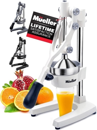 Mueller Professional Citrus Juicer - Manual Citrus Press and Orange Squeezer - Metal Lemon Squeezer - Premium Quality Heavy Duty Manual Orange Juicer and Lime Squeezer Press Stand, White 9"D x 7"W x 17.5"H - Lot 138