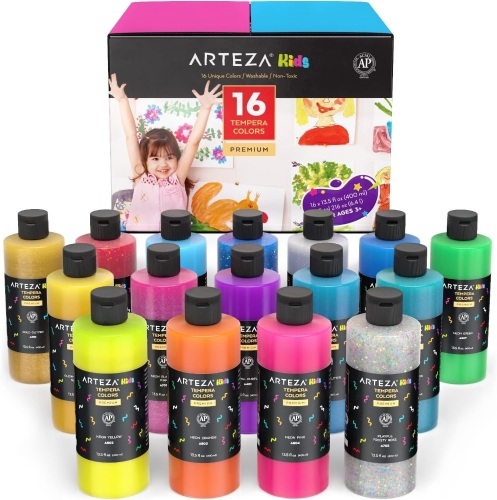 Arteza Kids Tempera Paint, Set of 16 Colors, 13.5 fl oz, Nontoxic Poster Paint, Art Supplies for Finger Painting, School Projects, and Crafting - Lot 247