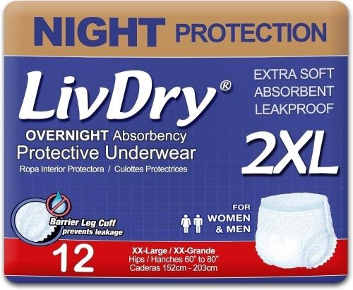 LivDry Adult XXL Incontinence Underwear, Overnight Comfort Absorbency, Leak Protection, XX-Large, 12-Pack  - Lot 254