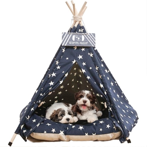 Pet Teepee Tents, 24 Inch Portable Indoor Dog Teepee Bed with Thick Cushion, Washable Navy Blue Stars Pattern Teepee Tent House for Puppy & Cat - Lot 271