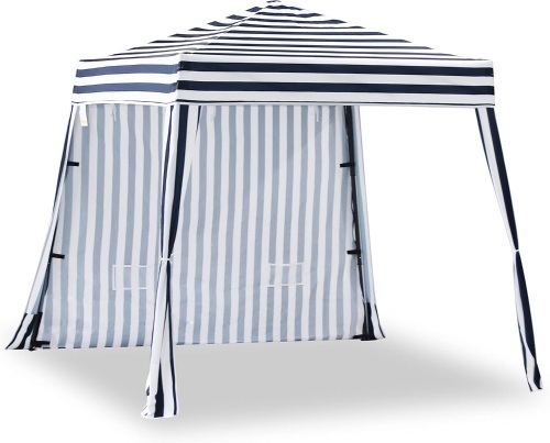 Compact Pop Up Canopy Tent, Collapsible Instant Shelter,Portable Sports Cabana, with Built-in Weight Bags, 8 x 8 ft Base / 6 x 6 ft Top for Camping,Hiking,Fishing,Picnic (Classical Stripe) - Lot 273