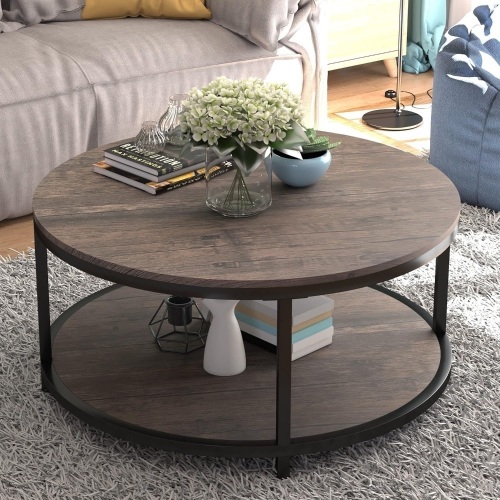 NSdirect NS Round, 36 inch Coffee Living Room, 2-Tier Rustic Wood Desktop & Sturdy Metal Legs Table Modern Design Home Furniture with Storage Shelf (Light Walnut) - Lot 291