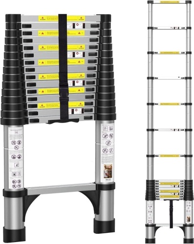 BOWEITI 15.5FT Telescoping Ladder, Aluminum Collapsible Ladder w/Non-Slip Feet, Lightweight RV Compact Ladder, Telescopic Ladder for RV, Household, Outdoor, 330lbs Capacity Extension Ladder (15.5FT) - Lot 303