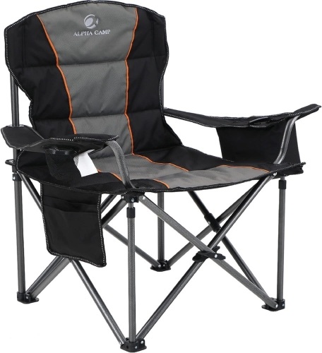 ALPHA CAMP Oversized Camping Folding Chair, Heavy Duty Support 450 LBS Steel Frame Collapsible Padded Arm Chair with Cup Holder Quad Lumbar Back, Portable for Outdoor,Black 25.2"D x 36.61"W x 39.37"H - Lot 305
