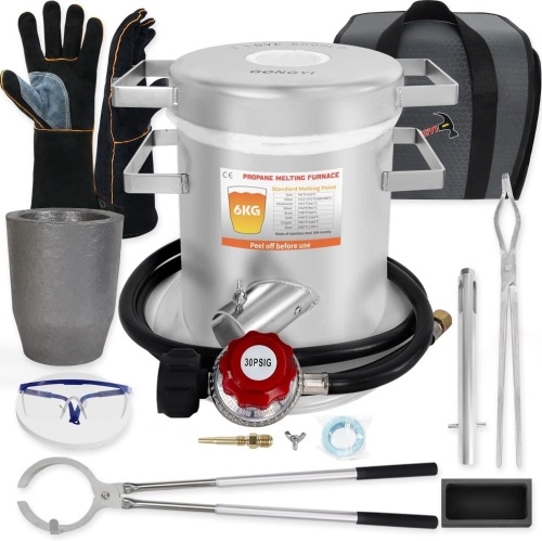 GONGYI USA Propane Melting Furnace Kits, 6kg(13LB) Graphite Crucible 1kg Ingot Mold Up to 2700℉, Made of Stainless Steel Barrel, Smelt Metal, Crucible, with Goggles, Bag and High Temperature Gloves - Lot 259