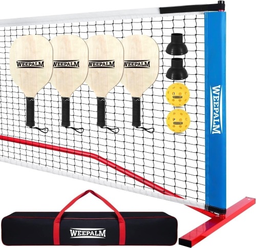 WEEPALM Pickleball Net Set with 4 Pickleball Paddles, 22FT Regulation Size, 2 Outdoor Pickleballs & Retrievers, Carrying Bag, Stable Metal Frame and PE Net for All Weather Use Outdoor Indoor - Lot 260