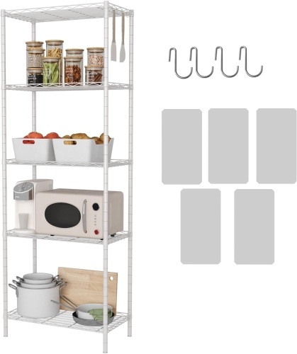 HOMEFORT 5-Shelving Unit, Adjustable Wire Shelving, Metal Wire Shelf with Shelf Liners and Hooks for Kitchen, Closet, Bathroom, Laundry, White,21" W x 11" D x 59" H - Lot 280