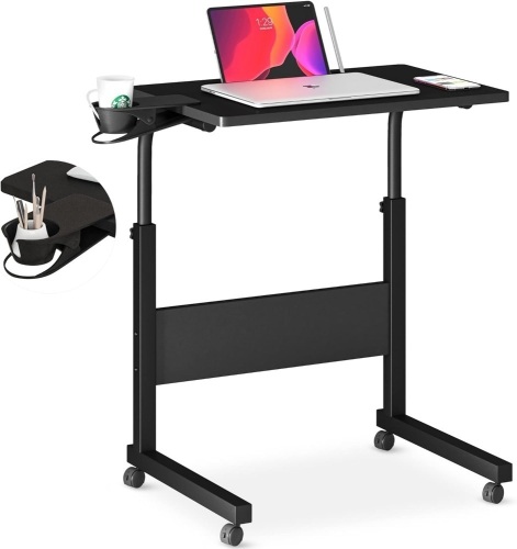 Klvied Standing Desk Adjustable Height, Stand Up Desk with Cup Holder, Portable Laptop Desk, Mobile, Small Computer Desk, Bedside Table, Black Rolling Desk, Work Desk for Home Office 15.9"D x 23.6"W x 37.2"H - Lot 283