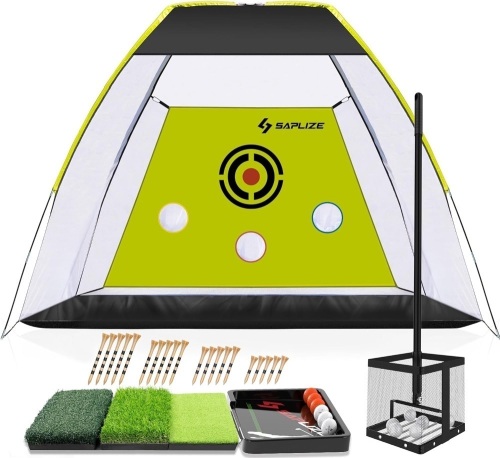 SAPLIZE Noise Reduction Design Golf Practice Net, 10 x 7 ft High Impact Golf Hitting Aid Net with Golf Mat, Tees and Balls for Backyard Driving, Chipping - Lot 381