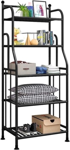 Forthcan Shelving Unit Bakers Rack Metal Storage Shelves Laundry Shelf Organizer Standing Shelf Units for Laundry Kitchen Bathroom Pantry Closet Indoor and Outdoor (5 Tier, Black) - Lot 199