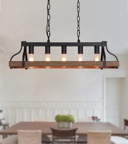 MEIXISUE Rustic Kitchen Island Dining Room Light Fixture Farmhouse Linear Chandelier Black and Retro Wood Finish 5-Light Industrial Metal Hanging Pendant Light UL Listed L33.5 W10.6 - Lot 202