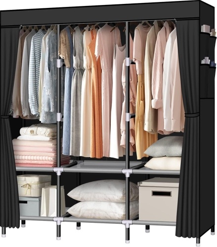 LOKEME Portable Wardrobe, 61-Inch with 3 Hanging Rods and 6 Storage Shelves, Non-Woven Fabric, Stable and Easy Assembly Black Portable Closets for Hanging Clothes with Side Pockets - Lot 203