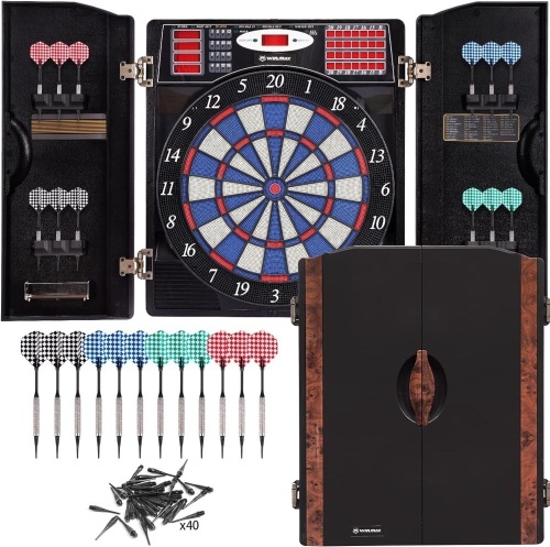 WIN.MAX Electronic Dart Board Cabinet Set, Soft Tip Darts Board with LED Electronic Scoreboard for Darts, up to 16 Players, 38 Games and 211 Variations, 12 Darts Included  - Lot 211