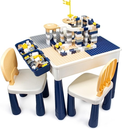 idoot 7 in 1 Multi Kids Activity Table Set with 2 Chairs and 100 Pcs Large Size Blocks Compatible with Large Classic Blocks, Water Table,Sand Table and Blocks Table for Kids Activity - Lot 213