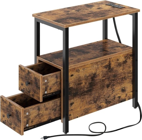 Rolanstar End Table with Charging Station, Narrow Side Table with 2 Wooden Drawers, USB Ports and Power Outlets, Nightstand Sofa Table for Small Spaces, Living Room, Bedroom, Rustic Brown 23.6"D x 11.8"W x 24.4"H - Lot 353