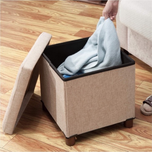 15 Inches Storage Ottoman with Wooden Legs Cube Foot Rest Stool, Square Footstool Storage, Ottoman with Storage for Living Room, Foldable Fabric Ottoman, Comfortable Seat with Lid, Space-Saving Beige - Lot 358