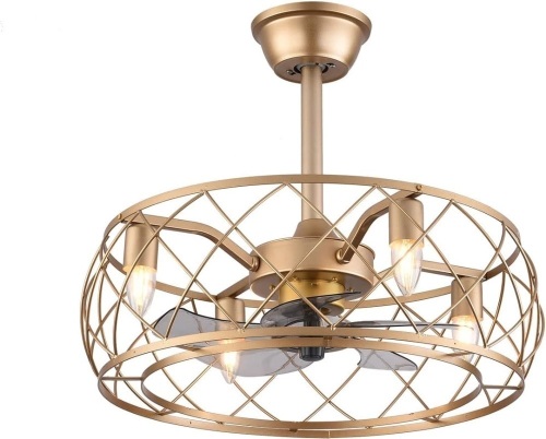 BeiseYu 20" Caged Ceiling Fan with Light, 3 Speeds Adjustable, Ceiling Fan Lights with Remote, Industrial Ceiling Fans for Living Room, Bedroom, Kitchen, 4xE27 Bulb Base, Gold (No Bulb)  - Lot 409