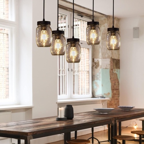 Etoten 5-Light Glass Mason Jar Chandelier for Kitchen Island, Linear Cluster Hanging Pendant Light Fixture for Dining Room, Mason Jar Light Fixtures, Farmhouse Chandelier for Cafe, Pub, Bar  - Lot 412